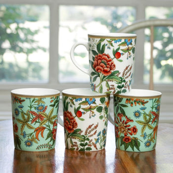 2A Eastern Crewel Bone China Mugs, Set of 4