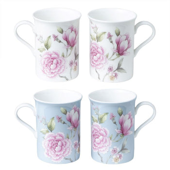 2 ASST Magnolia Bloom Bone China Can Mugs, Set of 4
