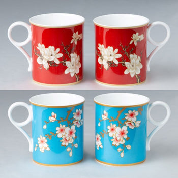 2 ASST red Blue Tokyo Spring Bloom Bone China Mugs, Set of 4