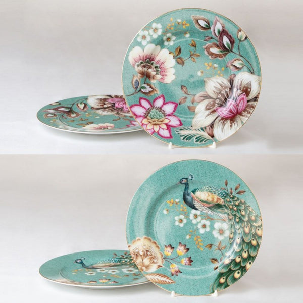 Asst Teal Lotus and Peacock Garden Salad Plates, Set of