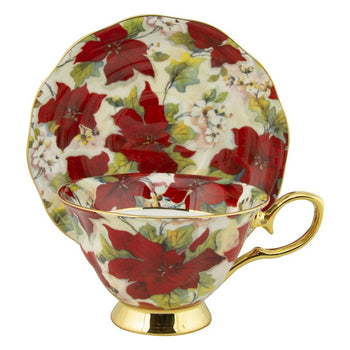Gold Poinsettia Bone China Cups with Saucers Single Set