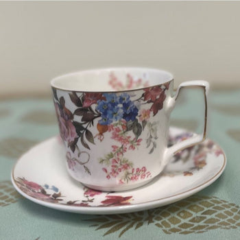 Pink Blue Garden Coffee Cup Saucer, Set of 4