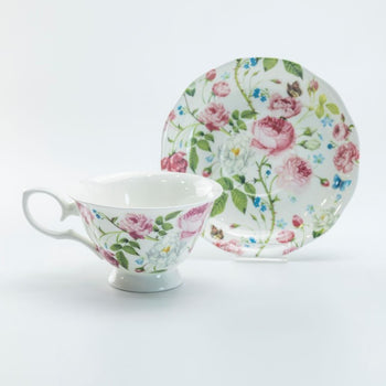 Pink Climb Rose Bone China Teacup and Saucer, Set of 4