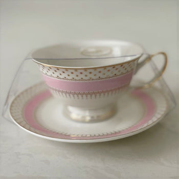 Pink Gold Pin Dot Cup Saucers, Set of 4