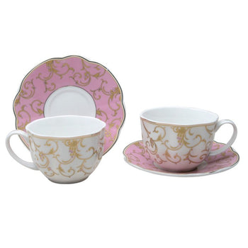Pink/Gold Scroll Teac Cup and Saucer, Set of 2