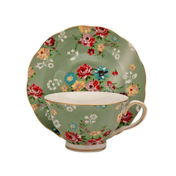 Shabby Rose Green Tea Cups and Saucers, Set of 4