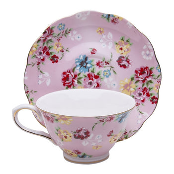 Shabby Rose Pink Tea Cups and Saucers, Set of 4