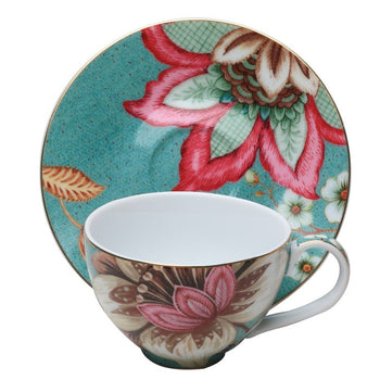 Teal Lotus Garden Demi Cup Saucer, Set of 4