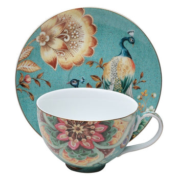Teal Peacock Lotus Garden Latte Cup Saucer, Set of 4