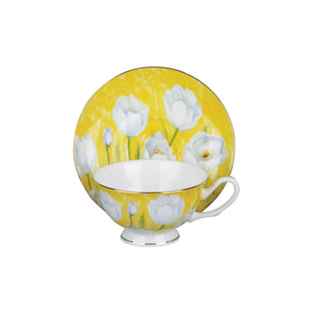 Tulip w/Pastel Yellow Bone China Tea Cups and Saucers, Set of 4