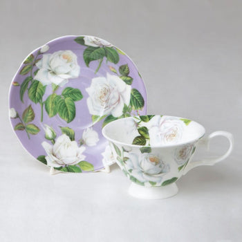 White Rose Purple Bone China Cup Saucer. Set of 4