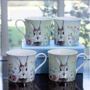 White and Mint Bunny Bone China Mugs, Set of 4
