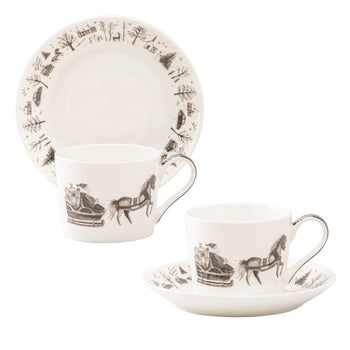Wonderland Black Christmas Carriage Bone China Cup Saucer, Set of 4