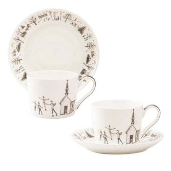 Wonderland Black Christmas Ski Bone China Cup Saucer, Set of 4