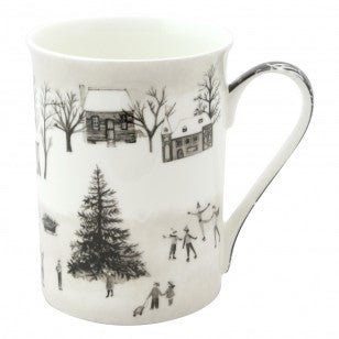 Wonderland Black Christmas Village Bone China Mugs, Set of 4