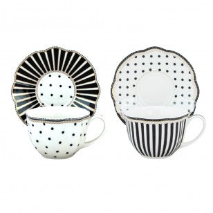 2 assorted Black Josephine Tea/Coffee Cups and Saucers, Set of 4
