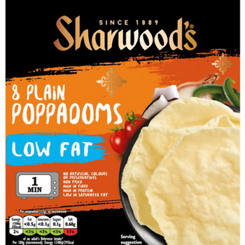Sharwoods Extra Large 8 Plain Poppadums Low Fat. 94g