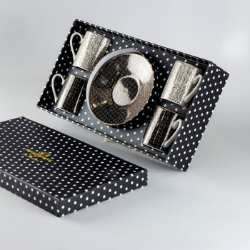 2 A Black and White Gold Geo Espresso Cups and Saucers, Set of 4 Boxed