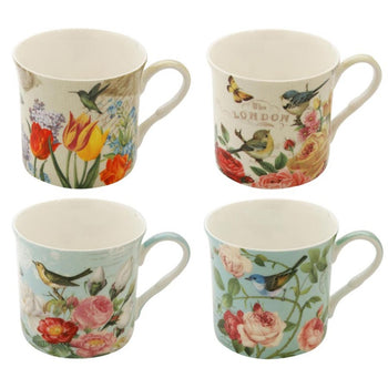4 Assorted Botanical Birds Princess Mugs, Set of 4