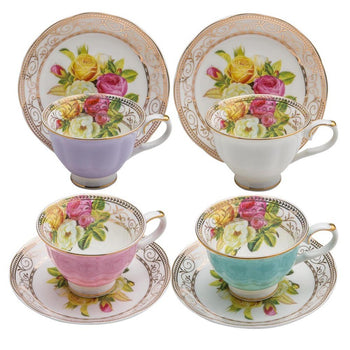 4 Assorted Colors Rose Bouquet Demi Cup Saucer, Set of 4. Boxed