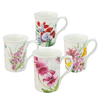 4 ASST Sweet Floral Bone China Can Mugs, Set of 4