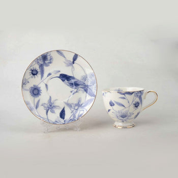 Set Of 4 Gold Trimmed Blue Bird Tea/Coffee Cup and Saucer