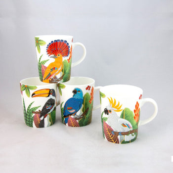 4 Tropical Birds Bone China Mugs, Set of 4