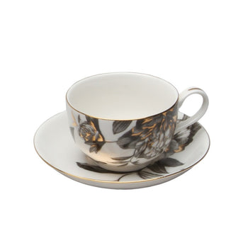 Black Gold Peony Tea Cups and Saucers, Set of 4