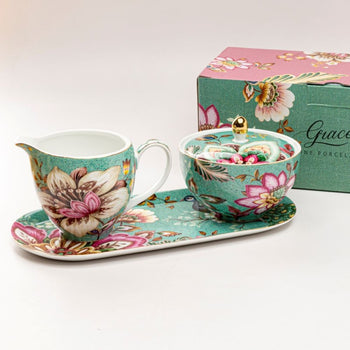 Green Peacock Lotus Garden Sugar Creamer Serving Tray Set, Gift Boxed
