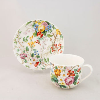 Floral Print Jumbo Cups and Saucers, Set of 4