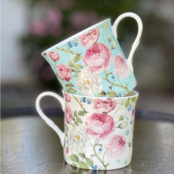 Pink Blue Climb Rose Bone China Mugs, Set of 4