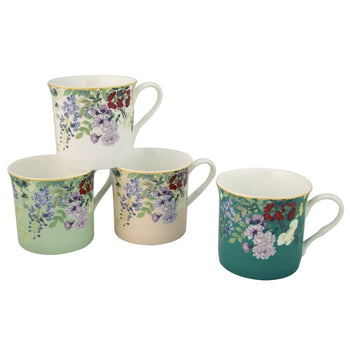 4 Asst Black Mint Wisteria Mugs, Set of 4