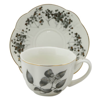 Black Matalic Leaves Cups and Saucers, Set of 4