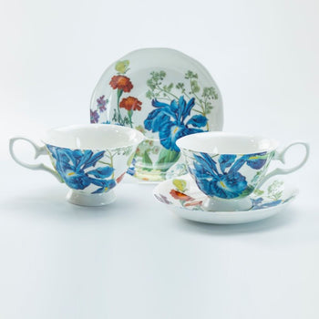 Blue Iris Bone China Teacups and Saucers