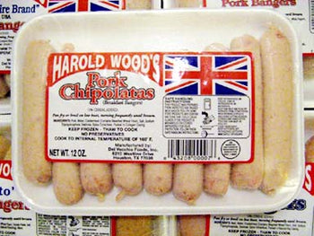 Harold Wood’s English Style Pork Chipolatas, 9 pack. 1 lb Ship weight
