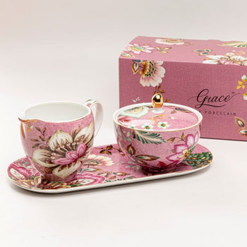 Pink Peacock Lotus Garden Sugar Creamer Serving Tray Set, Gift Boxed