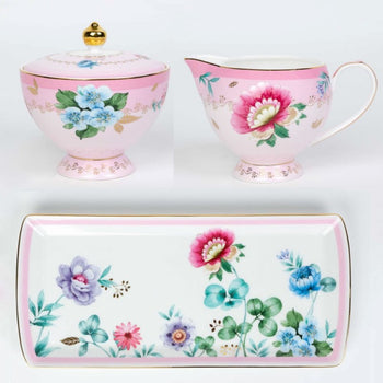 2 Asst Pink Floral Garden Garden Sugar Creamer Serving Tray Set, Gift Boxed