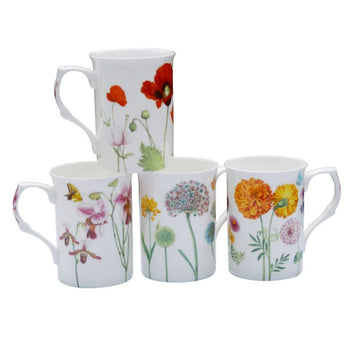 4 ASST Stem Floral Bone China Can Mugs, Set of4