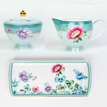 2 Asst Mint Floral Garden Garden Sugar Creamer Serving Tray Set, Gift Boxed