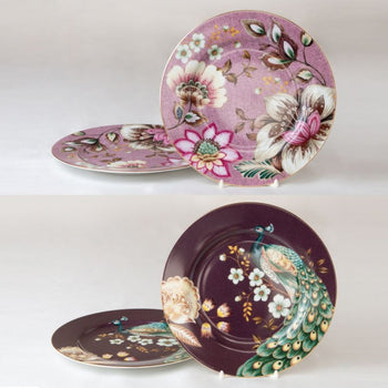 2 Asst Pink Burgandy Lotus and Peacock Garden Salad Plates, Set of 4