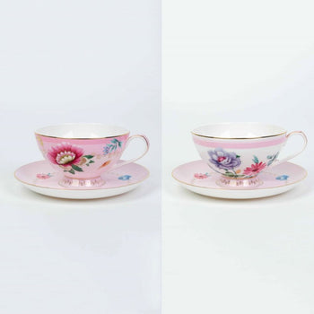 2 Asst Pink Floral Garden Tea Cup Saucer, Set of 4