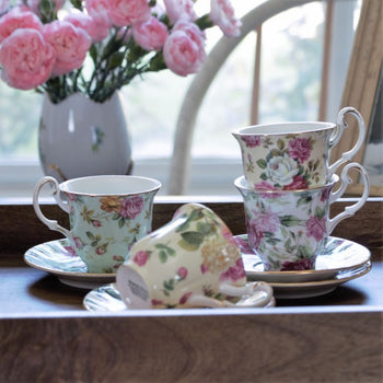 4 Assorted Rose Chintz Demi Cup and Saucer, Set of 4
