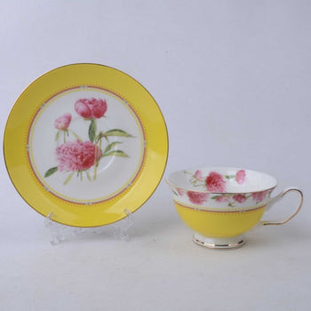 Pink Yellow Hydrangea Cups and Saucers, Set of 4