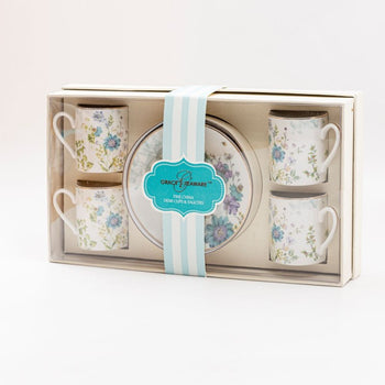 Blue Wild Floral Demi Cups wiht Saucers, Set of 4 Gift boxed