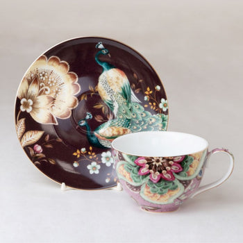 2 asst Pink Peacock Lotus Garden Tea Cup Saucer, Set of 4