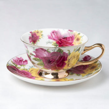Yellow Pink Rose Rich Gold Cup Saucer Set, Set of 4