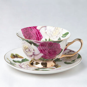 White Pink Rose Rich Gold Cup Saucer Set, Set of 4