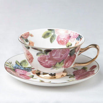 Vintage Pink Rose Rich Gold Cup Saucer Set, Set of 4