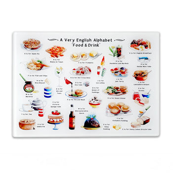 Yeti Cards & Gifts - A Very English Alphabet 'Food & Drink' Glass Cutting Board