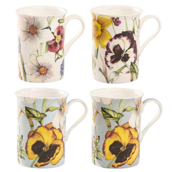 4 ASST Summer Pansy Bone China Can Mugs, Set of 4
